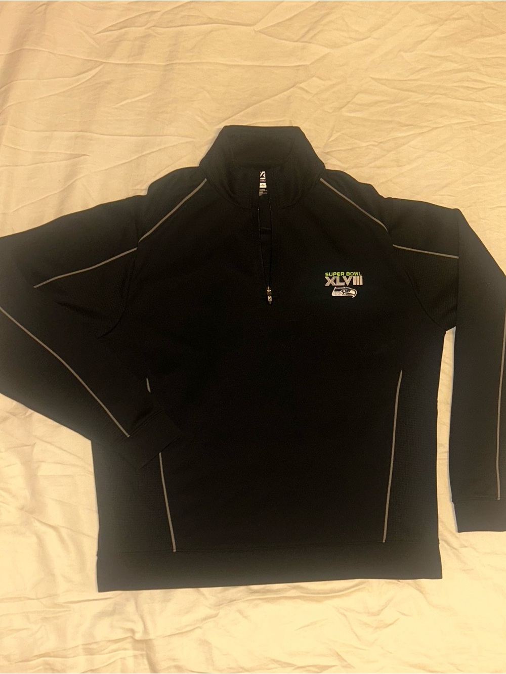 Seahawks Black Quarter-Zip Men’s Sweater w/Super Bowl XLVIII Logo Dry Tec